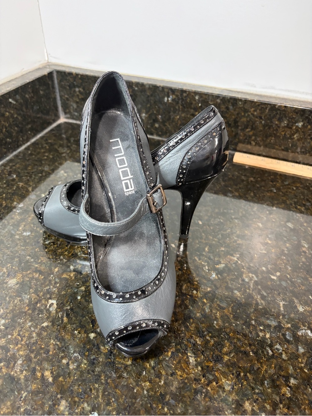 MODA Gray & Black Mary Jane Peep-Toe Heels